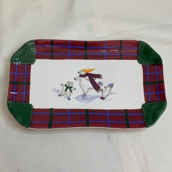 Pfaltzgraff Polar Bears Christmas Holiday Serving Platter Red Green 13 Inch Long - Picture 1 of 5